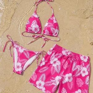 Matching Couple Swimwear - Hot Pink Hibiscus Tropical Floral Bikini & Swim Trunks