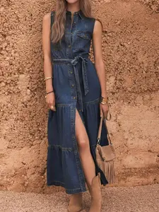 Button Front Sleeveless Denim Dress