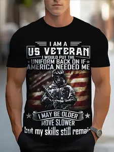 Men's Patriotic Veteran Classic Printed T-Shirt, Worn American Flag Design, Military Slogan, Casual Round Neck, Tee