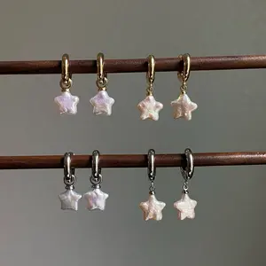 Baroque Pearl Star Dainty Hoop Earring with Single Star Design, Gold Frame, and Simple Chain pearls Gold-Plated Freshwater Grace Hoop Earrings