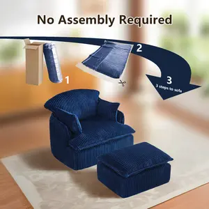 No Assembly Required Compressed Accent Chair with Ottoman, Plush Corduroy Lazy Lounge Chair, Cozy Relaxing Chair for Living Room, Bedroom & Apartment