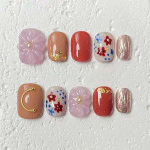 [Petal Kiss] Short Square Handmade Press on Nails, Fake Nails with Nail tool kit with Jelly Stickers, Reusable, Durable