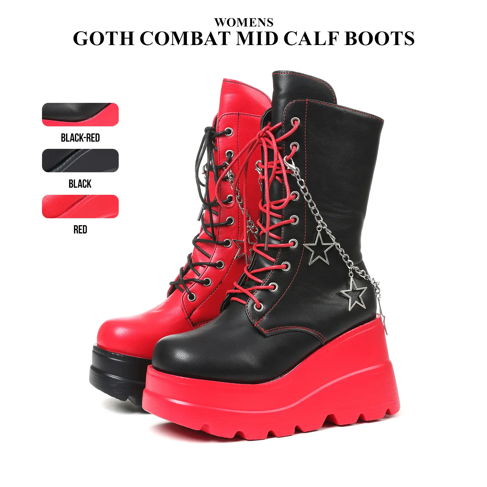 CYNLLIO Womens Two Tone Goth Combat Mid Calf Boots Rounded Toe Platform Heels Thick Sole Rave Kawaii Boot Starry Sky Chain Decor Side Zipper Lace Up Comfy Outdoor Concert Street Party Riding Motorcycle Gothic Punk Wedge Summer Shoes