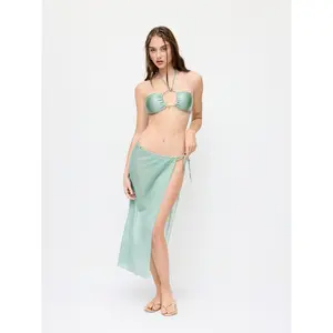 Cider Halter Neckline Ruched Beaded Bandeau Bikini Set With Cover Up Skirt SwimWeek