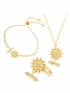 Spinning Sunflower Crystal Jewelry Set for Women, Necklace Bracelet Ring, Elegant Gift