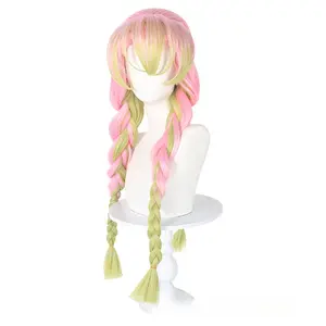1pc Anime Cosplay Wig with Natural Thickening Fibers & 3-Strand Braids - Pastel Pink & Green Tips, Fluffy Tail & Top Knot Style, Comfortable Braided Wig for Women, Conventions, Photoshoots, Themed Events - Suitable for All Beige Tones, Stra