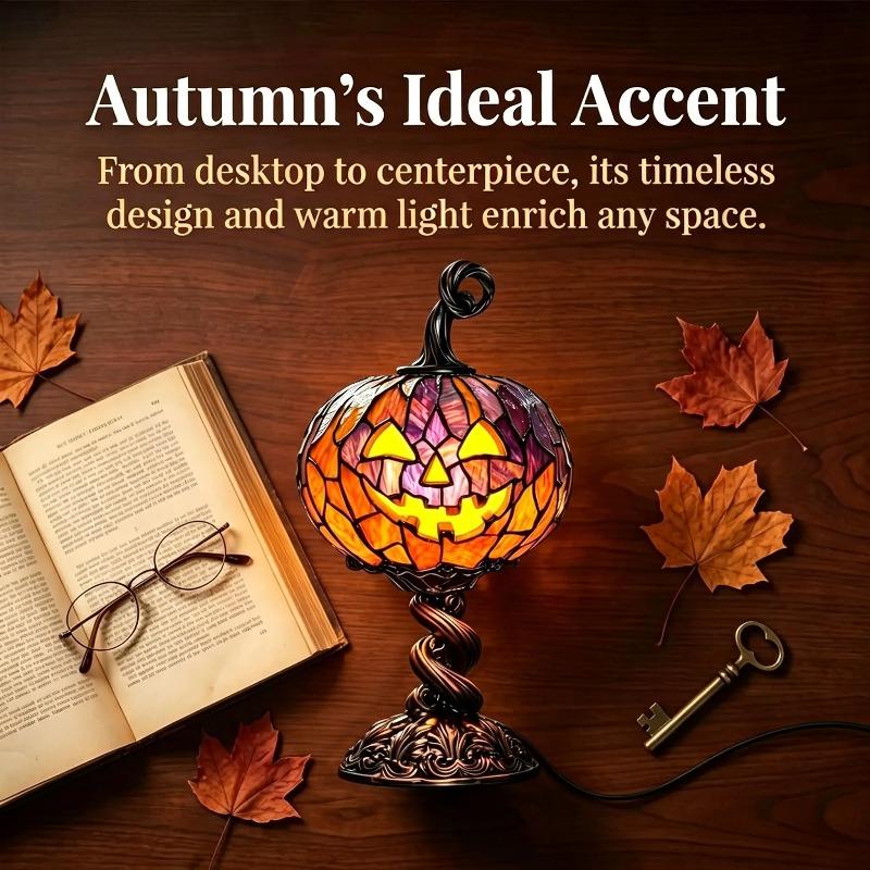 Halloween Christmas Stained Glass Pumpkin Table Lamp, Vintage Tiffany Style Jack O Lantern Pumpkin Night Light, Retro Decorative Desk Lamp for Holiday Party Home Bedroom Dining Table Ornament Gift, holloween decor