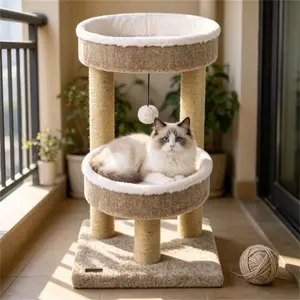24 Inch Compact Cat Tree with 2 Plush Perches, Jute Rope Scratching Posts & Hanging Toy Ball, Stable Small Cat Tower for Indoor Cats Apartment Bedroom