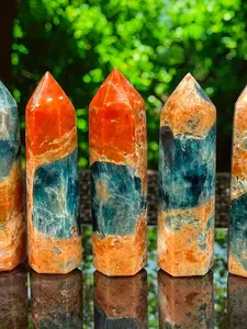 1pc Unique Blue Apatite Combined with Sunstone in a Crystal Tower Form - a Natural Gradient from Orange to Blue, Perfect for Home Decor. This Elegant Column Makes a Great Tabletop Decoration for Occasions Like Christmas, Valentine'S Day Gemstone Tower