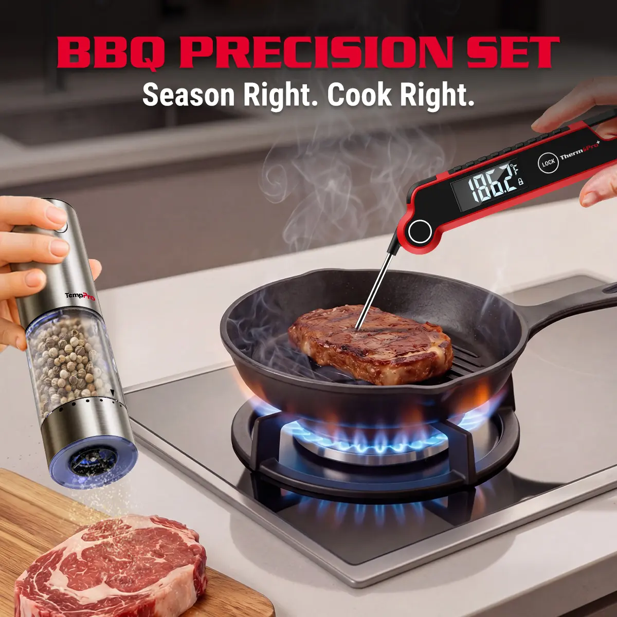 TempSpike Portable Wireless Digital Meat Thermometer & Stainless Steel Electric Grinder Utensils Set - Bluetooth, Waterproof, LED Display, APG710 Bundle, Batteries Included, Father’s Day Kitchen Gadget Gift (Steak Grilling, Roasting)