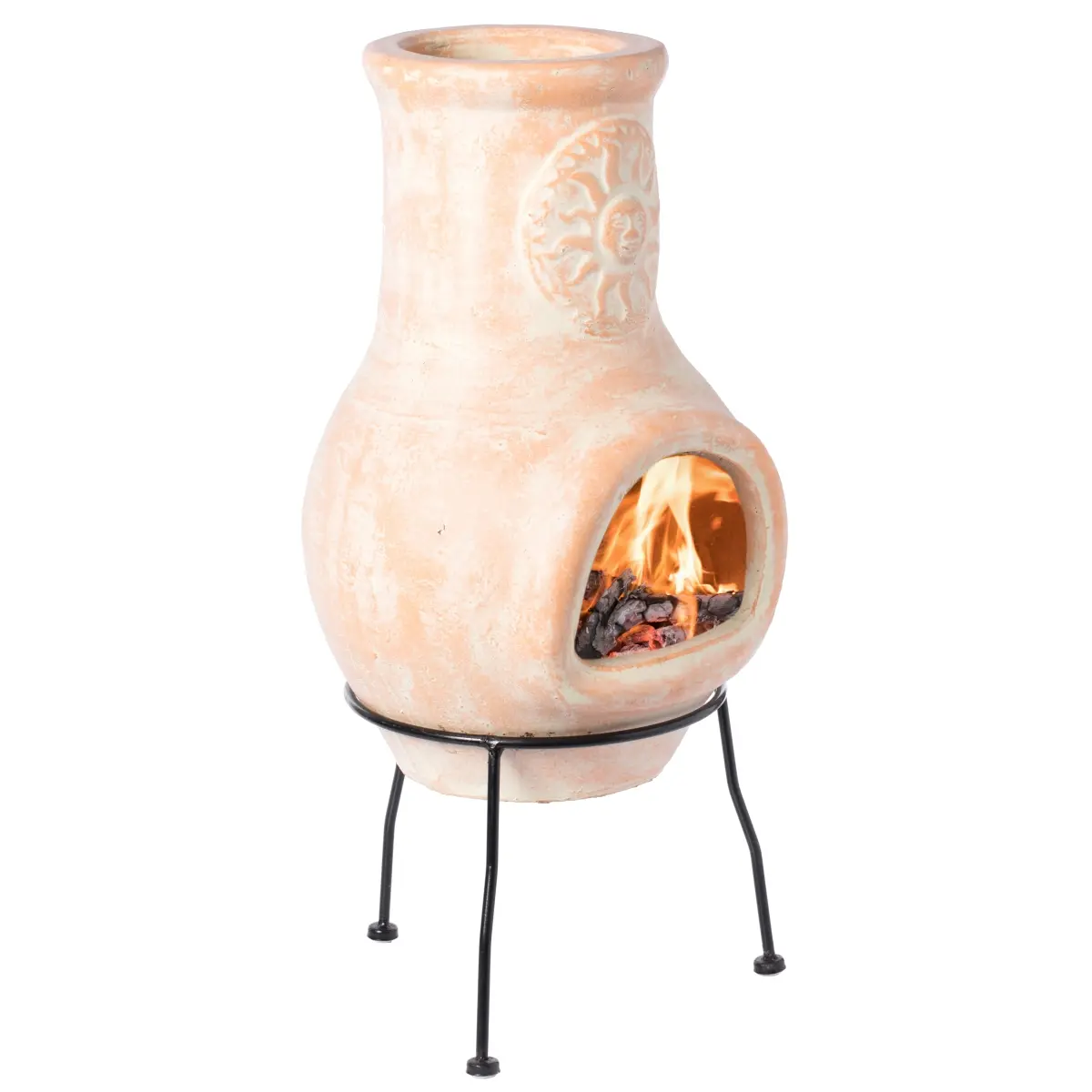 Vintiquewise QI003973 12x25.50in Beige Outdoor Clay Chiminea Fire Pit - Sun Design, Charcoal Burning, Metal Stand for Garden, Outdoor Decor, Vintage Charm, Porch, Yard
