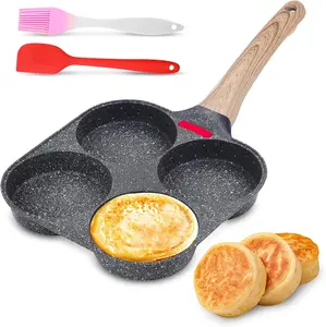 4-Cup Egg Pan Nonstick, Egg Frying Pan for Egg Mcmuffin, Omelettes, Breakfast, Induction & Gas Stove Compatible, Includes Silicone Oil Brush & Spatula