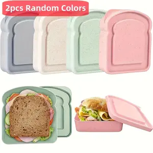 2 Pcs Wheat Straw Bread Storage Box Reusable Rectangular Flip Top Sandwich Container Portable for Outdoor Kitchen