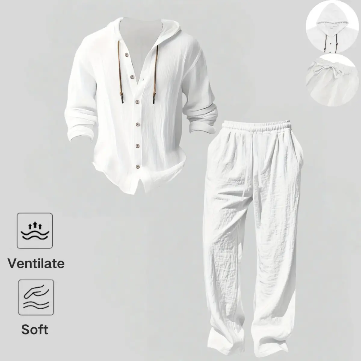 2-Piece Set Men's lightweight  Trendy Hooded，Made From Soft Linen，Casual Vacation Style, Loose Fit Breathable Fabric,Long Hoodie & Wide-Leg Pants, Summer Wear outdoorfun Sweatshirt Clothes Fashion Trouser
