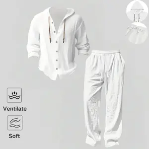 2-Piece Set Men's lightweight Trendy Linen Hooded, Casual Vacation Style, Loose Fit Breathable Fabric, Long Hoodie & Wide-Leg Pants, Spring & Fall Wear
