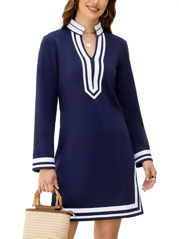 Women's Preppy V Neck Long Sleeve Tunic Dress Casual Contrast Striped Trim Mini Shift Dress Nautical Country Club Resort Wear Old Money Aesthetic Fall Spring Vacation Outfits Comfortable Soft Knit Side Split Hem Chic Trendy Navy White Dress
