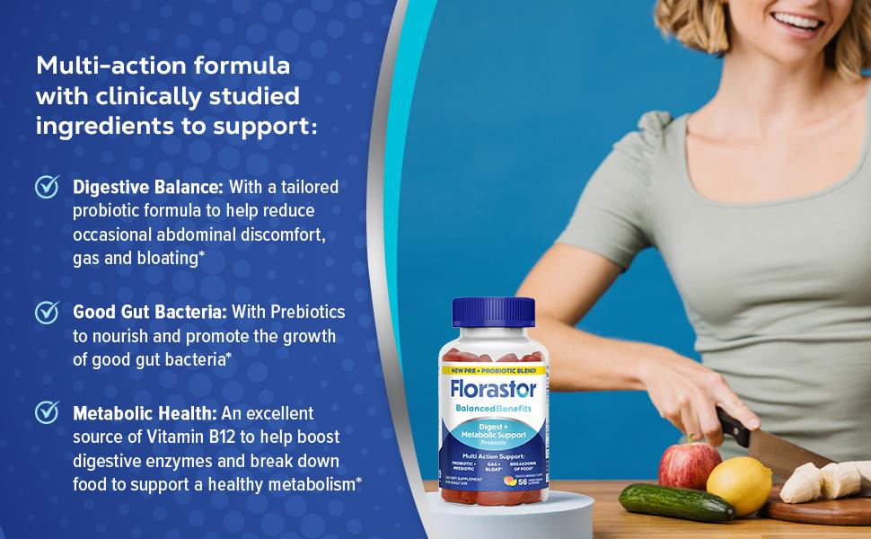 Florastor Prebiotic and Probiotic Gummies Supplement, Digestive and Metabolic Support Probiotic Blend for Multi-Action Digestive Healthcare, with Vitamin B12
