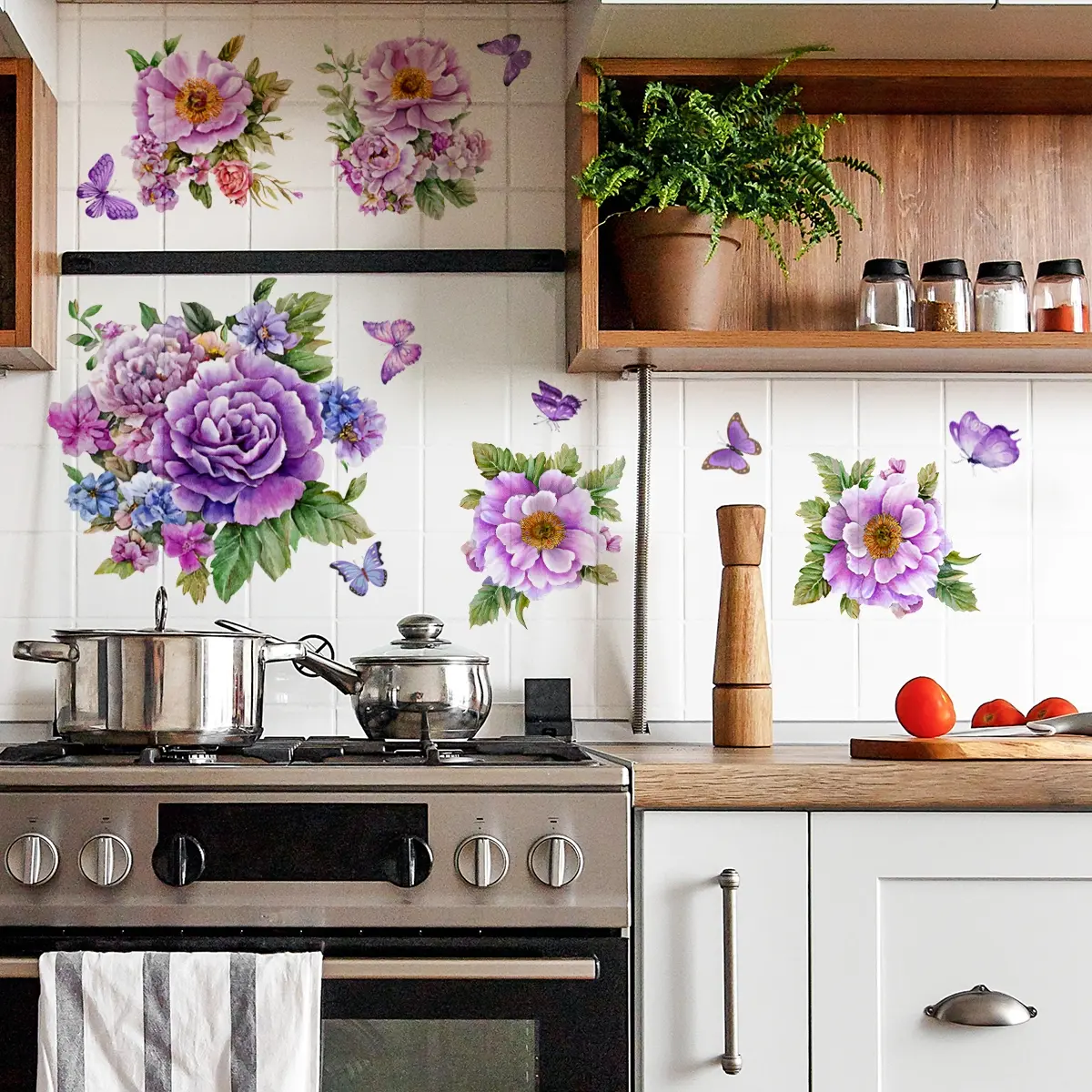 A purple-themed flower wall sticker for home decoration and beautification, self-adhesive, M19028-NC, Wall Art Stickers, Self Adhesive Decal, Decorative, Flower Decals For Walls, Wall Decals