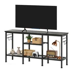 Modern Media Console with Soundbar Shelf & Open Storage, TV Stand for TVs Up to 55 Inches, Cable Management Entertainment Center for Living Room