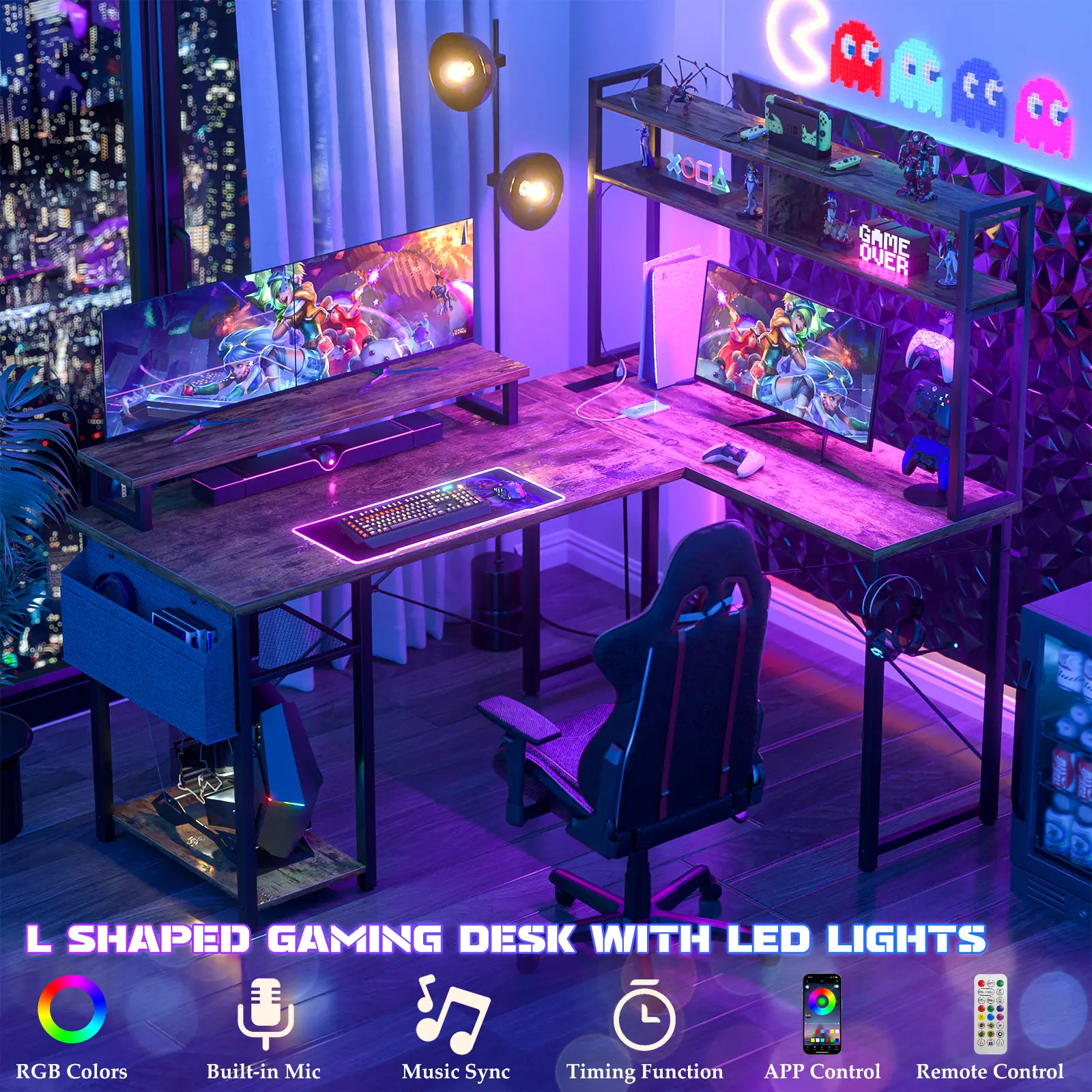 Cyclysio Small L Shaped Gaming Desk with LED Lights & Power Outlets, Reversible L-Shaped Computer Desk with Monitor Stand & Storage Shelf, Corner Desk