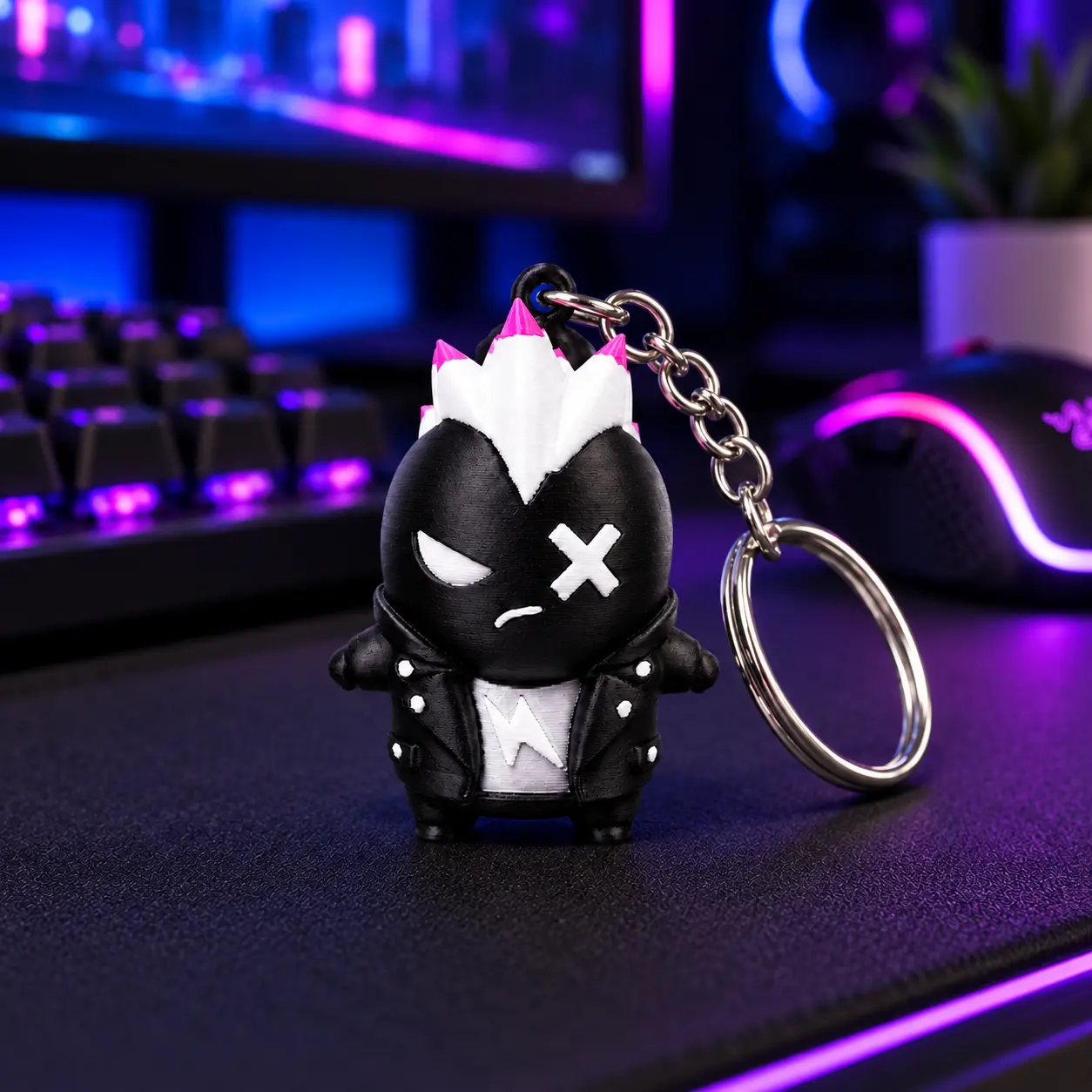 Neon Punk 3D Printed Mini Character Keychain, 2.4 Inch PLA Bag Charm, Backpack Accessory