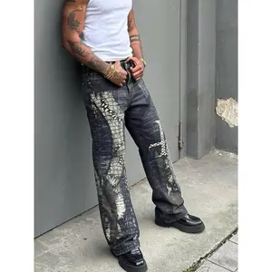Men's High Cotton Snake Print Distressed Baggy Jeans, Vintage Washed Streetwear Denim Pants, Y2K Grunge Loose Fit Wide Leg Jeans with Animal Print