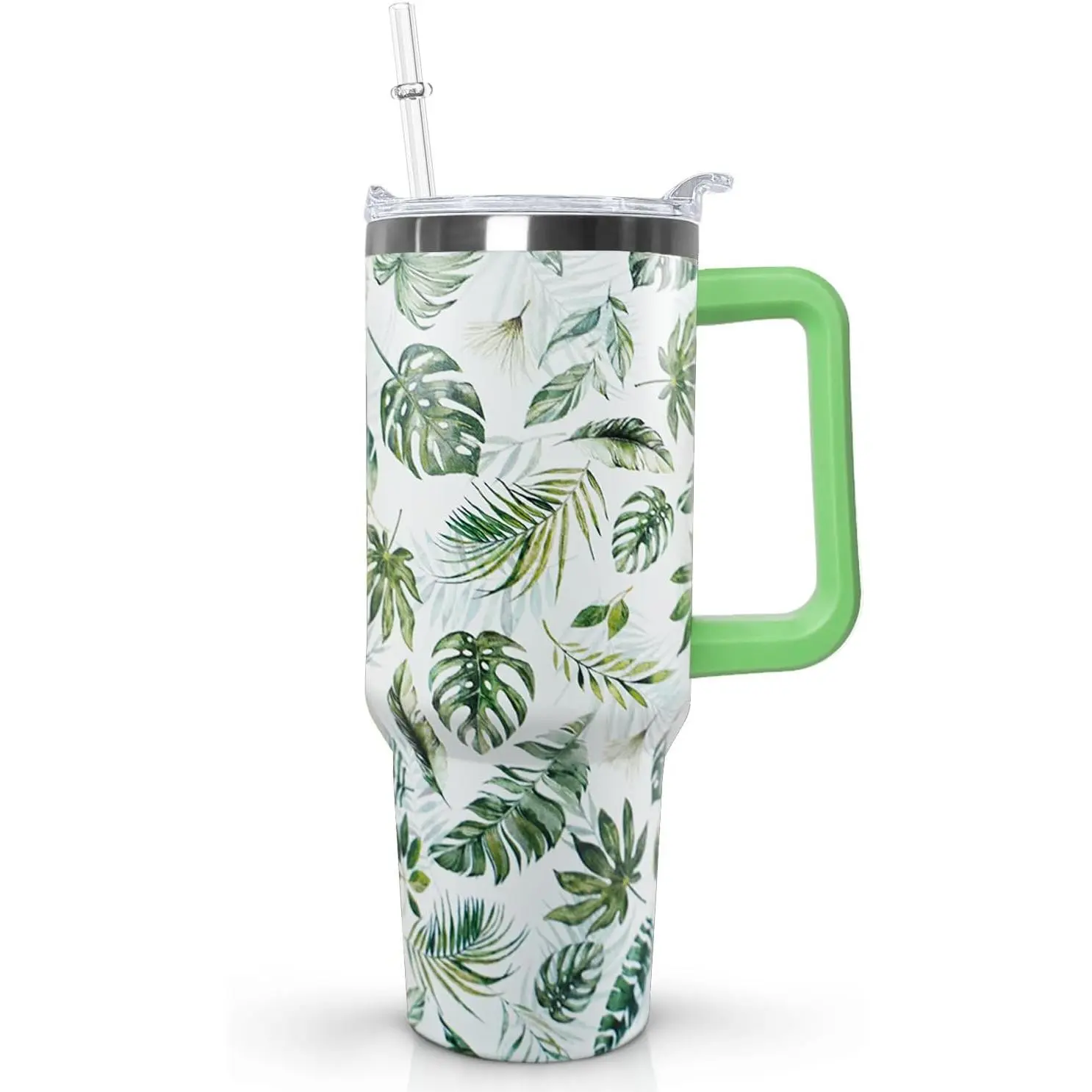 Ceovfoi 40 oz Printed Green Insulated Stainless Steel Tumbler - Portable Vacuum Flask Mug with Lid, Cactus Tropical Leaf Themed Transparent Beverage Drinkware for Coffee, Tea, Gardeners' Gift