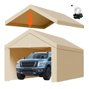 Carport Replacement Canopy, 10 x 20 Feet / 12 x 20 Feet / 13 x 20 Feet / 20 x 20 Feet Portable Garage Tent Top Tarp with Side Walls, UV Protection and Waterproof, Heavy Duty Car Awning with Ball Buckle, Beige/Gray, Frame Not Included