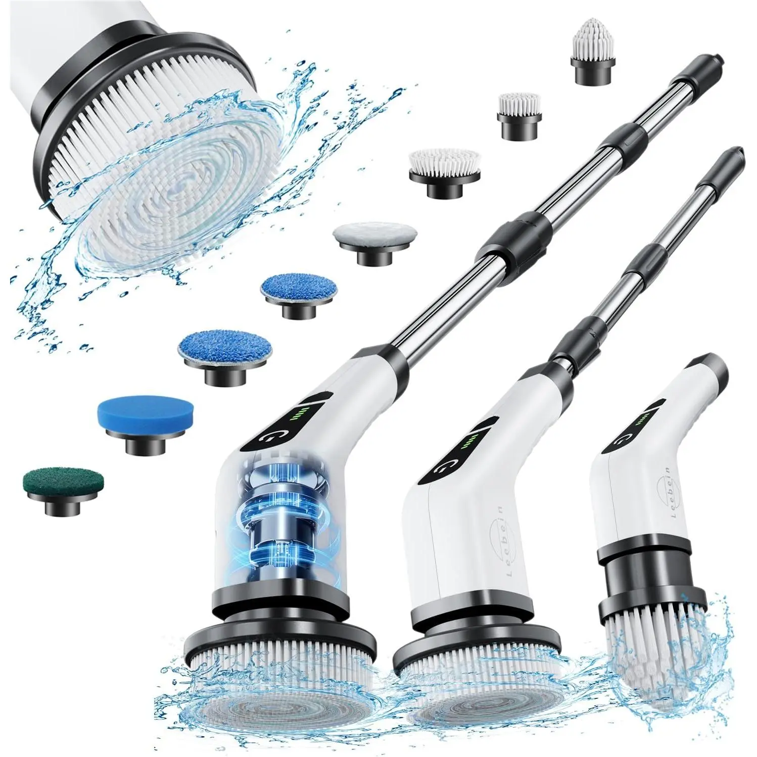 Cordless Electric Spin Scrubber for Makeup Tools Cleaning - 2-Speed Power Brush with LED Display, 90 Min Battery Runtime, 12-54 in Adjustable Handle, 8 Rotatable Heads, Long-Lasting Spin Scrubbing Performance