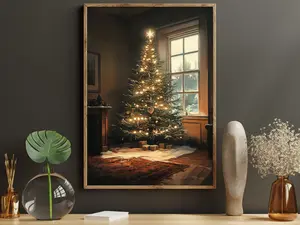 Cozy Christmas Tree Canvas Print, Rustic Holiday Living Room Poster Print, Warm Winter Wall Art Decor