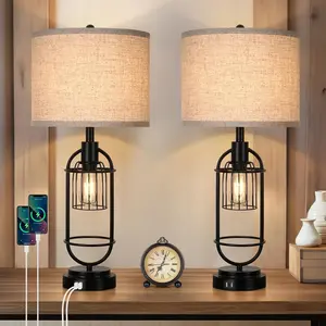 Set of 2 Table Lamps for Living Room with USB Ports, 29" Tall 2-Light Bedside Lamps, Farmhouse Nightstand Lamp with Cream Fabric Shade, Industrial Desk Lamp for Bedroom End Table Reading Lamp E26 Base