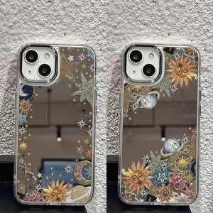 Celestial Sun Moon Star Mirror 2-in-1 Phone Case for iPhone 17 Air 16 15 Pro Max 14 Plus 13 12 11 Pro, Fashionable Clear Protective Cover with Mirror Design