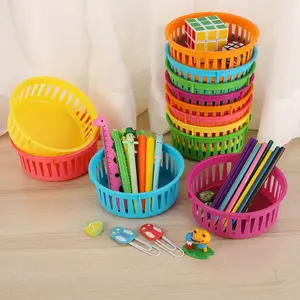 6pcs Colorful Round Pencil Baskets - 6.1" X 2.4" Plastic Storage Containers For Crayons & Pencils, Ideal For Classroom Organization And Office Desk Drawer