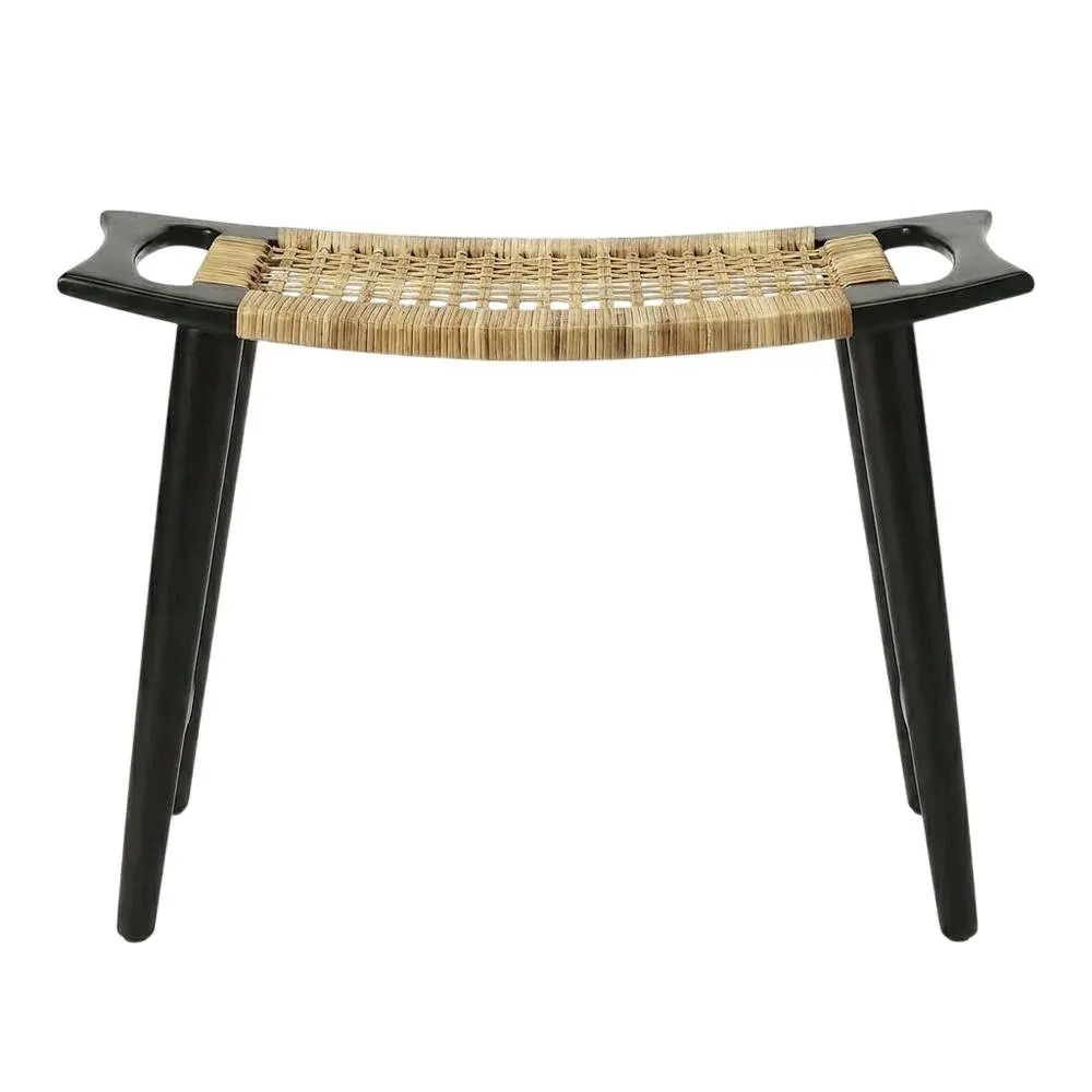 Coastal Rattan Accent Stool with Distressed Wood Finish for Living Room