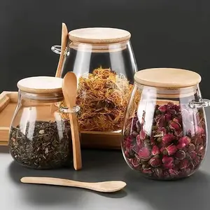 16 oz Airtight glass jar storage container with bamboo lid Set of 2, wide mouth, leak-proof, With a spoon, reusable, can be used for coffee beans, tea leaves, grains, dried fruits, etc (Small)