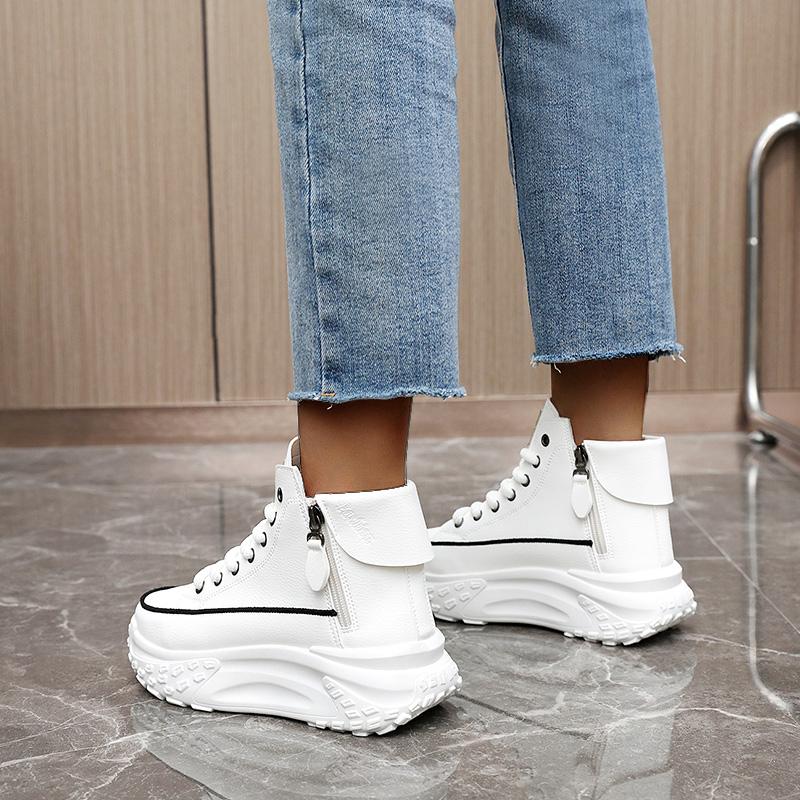 Women's height increasing high top Athletic - thick soled lace up sneakers, EVA/rubber sole, round toe and minimalist design | Four season casual street shoes with arch support | Solid color design, thick and comfortable and stable height increase