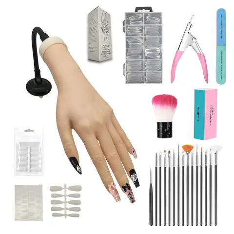 Practice Hand Kit for Nail Art, Acrylic Nails Training Tools for Tattooed Nail Jewelry and Manicure Practice, 48 pes nail jelly gel, 40 Acrylic Nails, Clipper, File, 15 Brushes and 120 Tips, Nail Care, Clippers