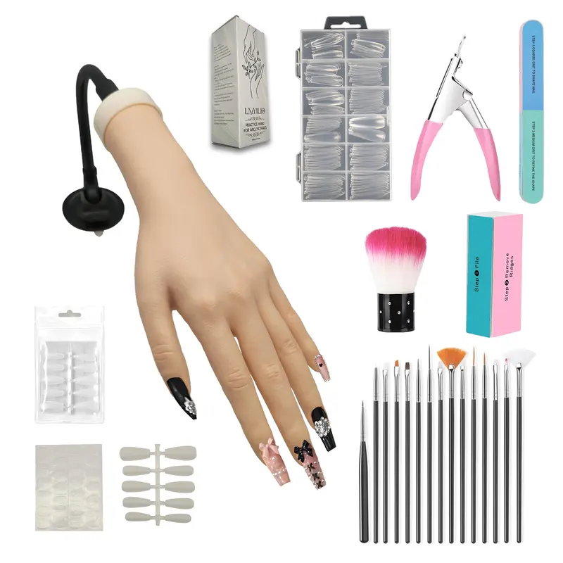 Practice Hand Kit for Nail Art, Acrylic Nails Training Tools for Tattooed Nail Jewelry and Manicure Practice, 48 pes nail jelly gel, 40 Acrylic Nails, Clipper, File, 15 Brushes and 120 Tips