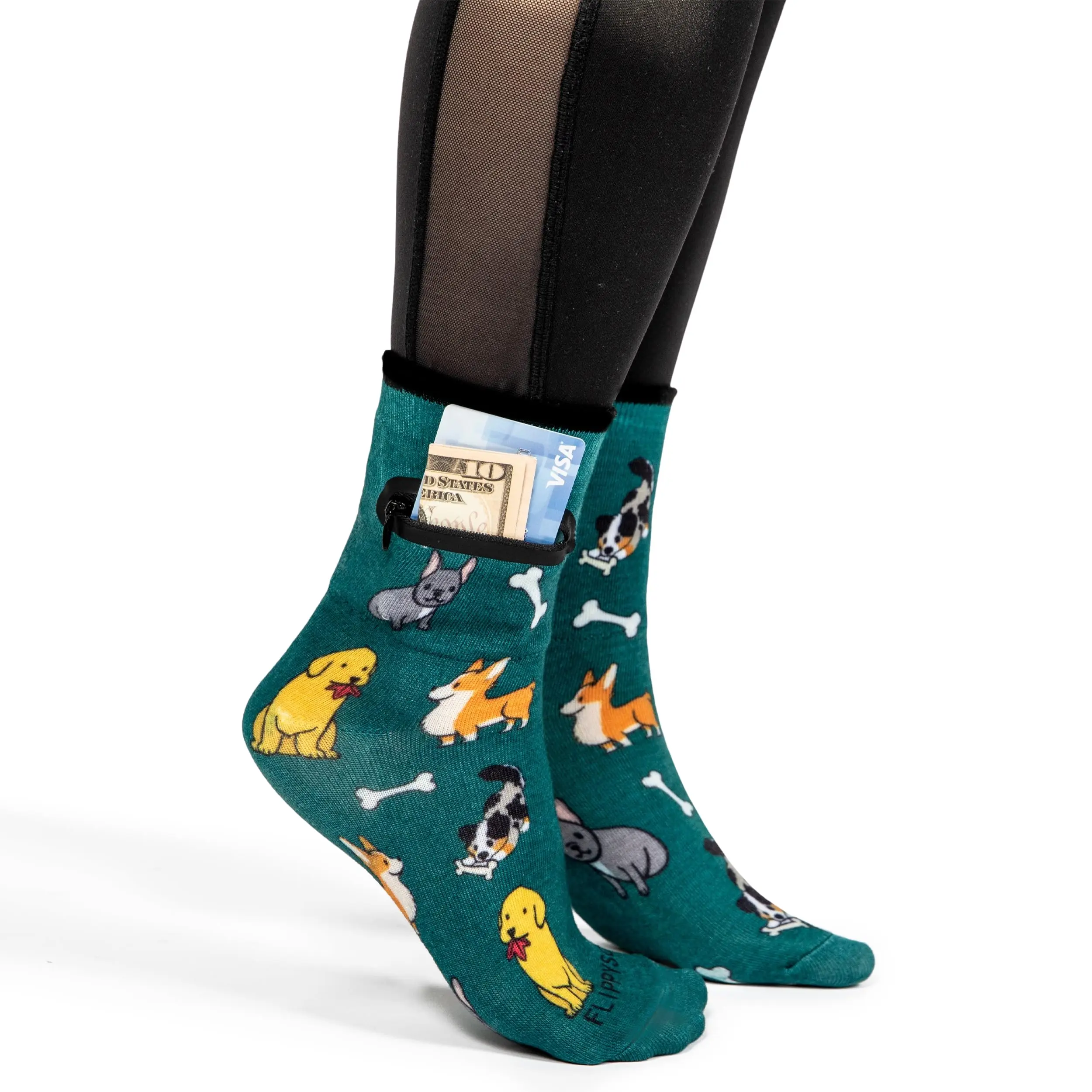 Flippysox Zipper Sock Wallet - Cotton & Polyester Zipper Socks with Pockets - Fits shoe size 6-13 (Dog Green)
