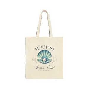 Mermaid Social Club Cotton Canvas Tote Bag | Double Sided Blue Ocean Pearl & Seashell Clamshell Design  | Canvas Bag | Womenswear |  | Beach Bag | Vacation Outfit | Black Casual Tote