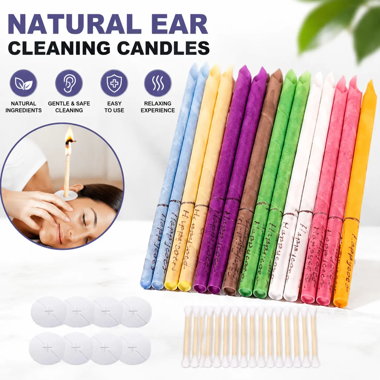 Scented Beeswax Ear Candle Kit for Relaxing Aromatherapy, 34-Piece Stress Relief Set with 10 Colorful Candles, 8 Protective Disks & Swabs, Wax, Cotton, 16 Pcs Cotton Swabs, 10 Pcs Ear Candles