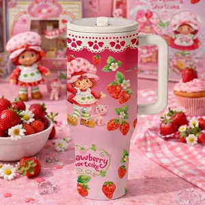 AuraCup 1pc 40oz Insulated Tumbler with Handle and Lid, Cute Strawberry Girl Cartoon Design Stainless Steel Travel Mug, Sweet Pink Berry Theme Coffee Water Cup, Double Wall Vacuum Tumbler for Hot Cold Drinks, Large Capacity Gift for Cute Aesthetic Lovers,
