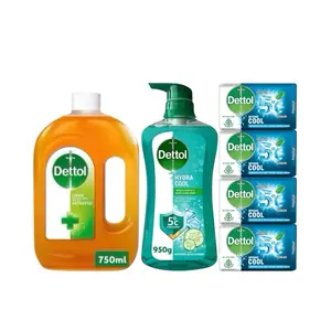 Dettol Antiseptic Liquid (750mL), Hydra Cool Bodywash (900g) & 4 Cool Soaps - Body Care, Daily Bath & Personal Care Set, Daily Care