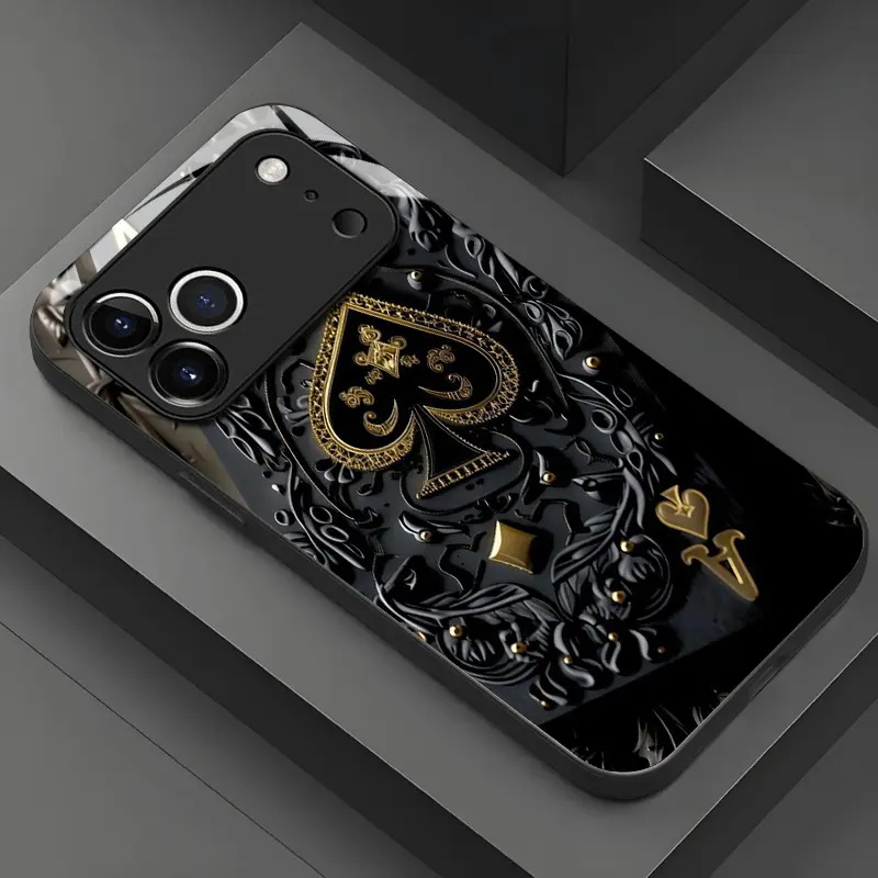 Tempered Glass iPhone Case - Black-Golden Carved Ace of Spades Protection Accessory, Multi-Model for iPhone 17, 17 Air, 16 Pro, 15 Pro Max, 14 Plus, 13, 12, 11 Smartphones, Accessories