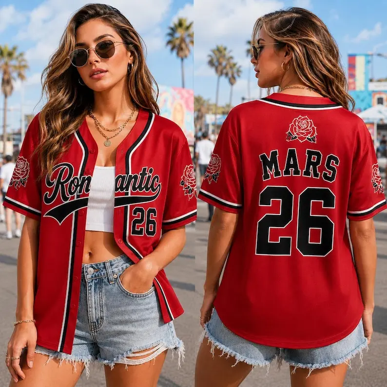 Romantic Red Rose Concert Baseball Jersey, Custom Name Number Music Fan Button-Down Shirt, Festival Outfit