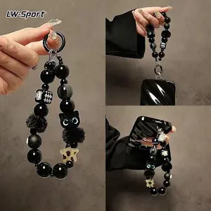 Premium Black Plush Cat Phone Charm Portable Beaded Wristlet Chain for Outings Car Keychain and Bag Accessory with Adorable Cat Design