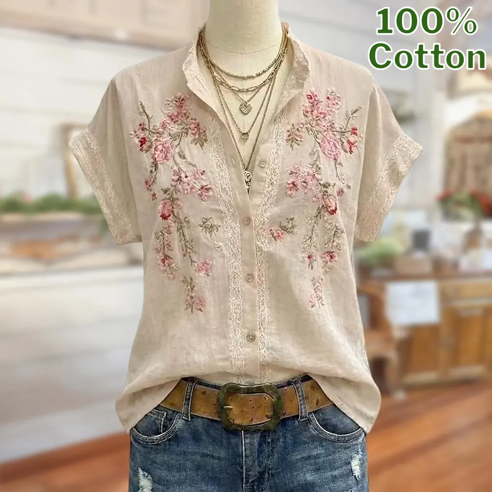 Sage Vell 100% Cotton Apricot Floral Embroidery Shirt Collar Cap Short Sleeve Lace Panel Button Front Loose Fit Casual Top