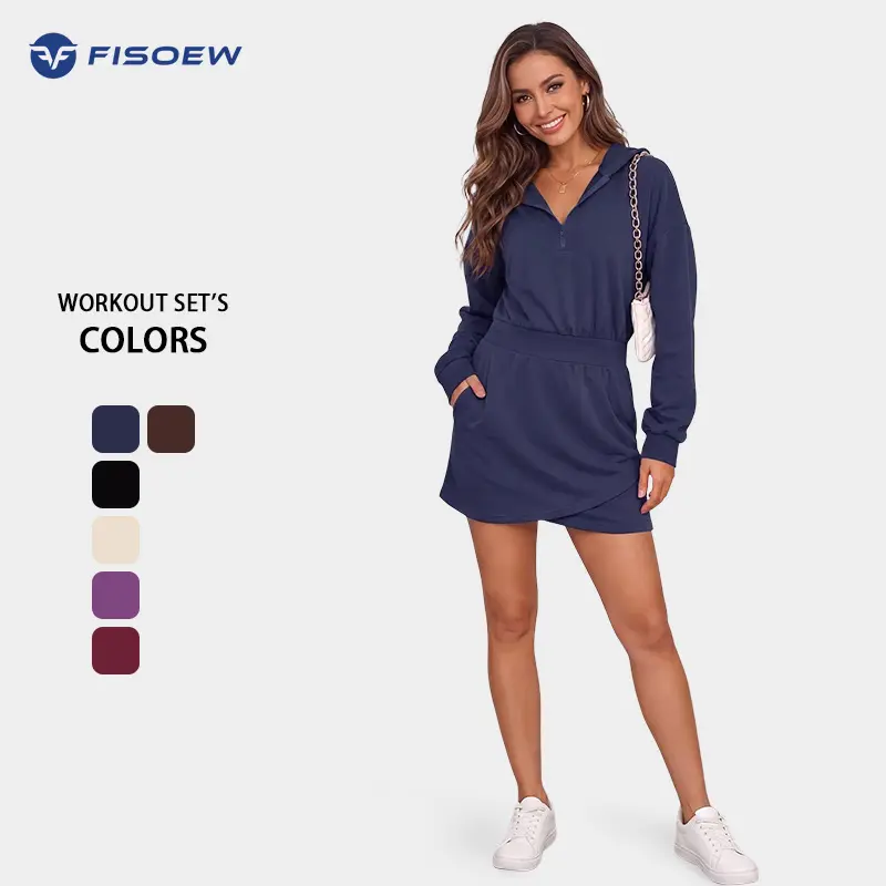 Fisoew Women's Knit Oversized Quarter-Zip Hooded Dress for Women - Ribbed, Elastic Cinched Waist, Wrap Cross Hem, Long Drop Shoulder Sleeves, Side Pockets, Lightweight, Matching-Friendly, Athletic Wear, Fashion