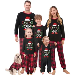 Christmas Family Pajamas Matching Set 2 Pieces Xmas Santa Claus Print Long Sleeve Tee Tops and Loose Plaid Pants Set Nightwear Loungewear for Xmas Festival Holiday Party