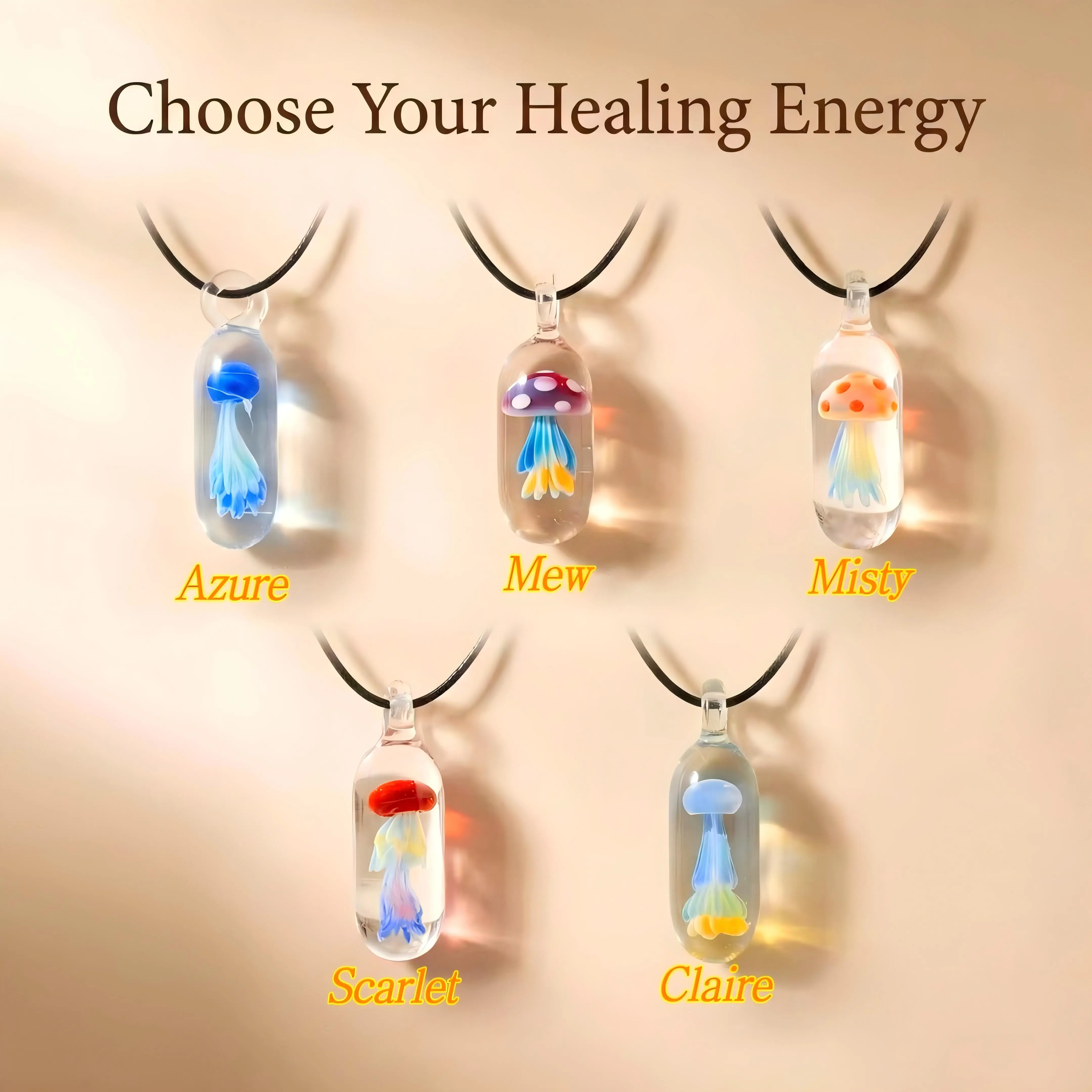 Hand Blown Glass Jellyfish Pendant Necklace | 5 Named Styles with Unique Healing Energies | Oriental Healing Crystal Spiritual Jewelry | Artisan Lampwork Ocean Pendant | Single or Full Collection Gift for Her & Sea Lovers